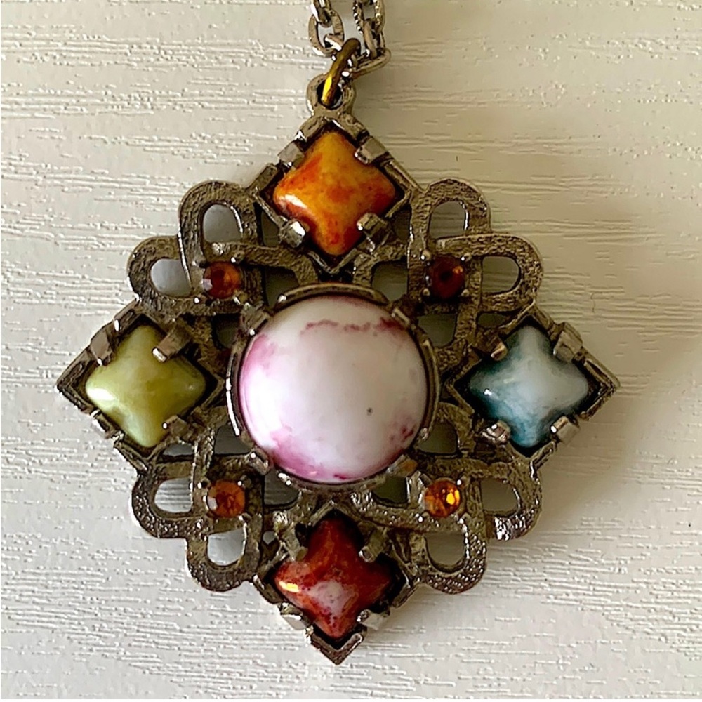 Vintage Miracle Style Multi Pastel Cabochon Pendant Necklace #328